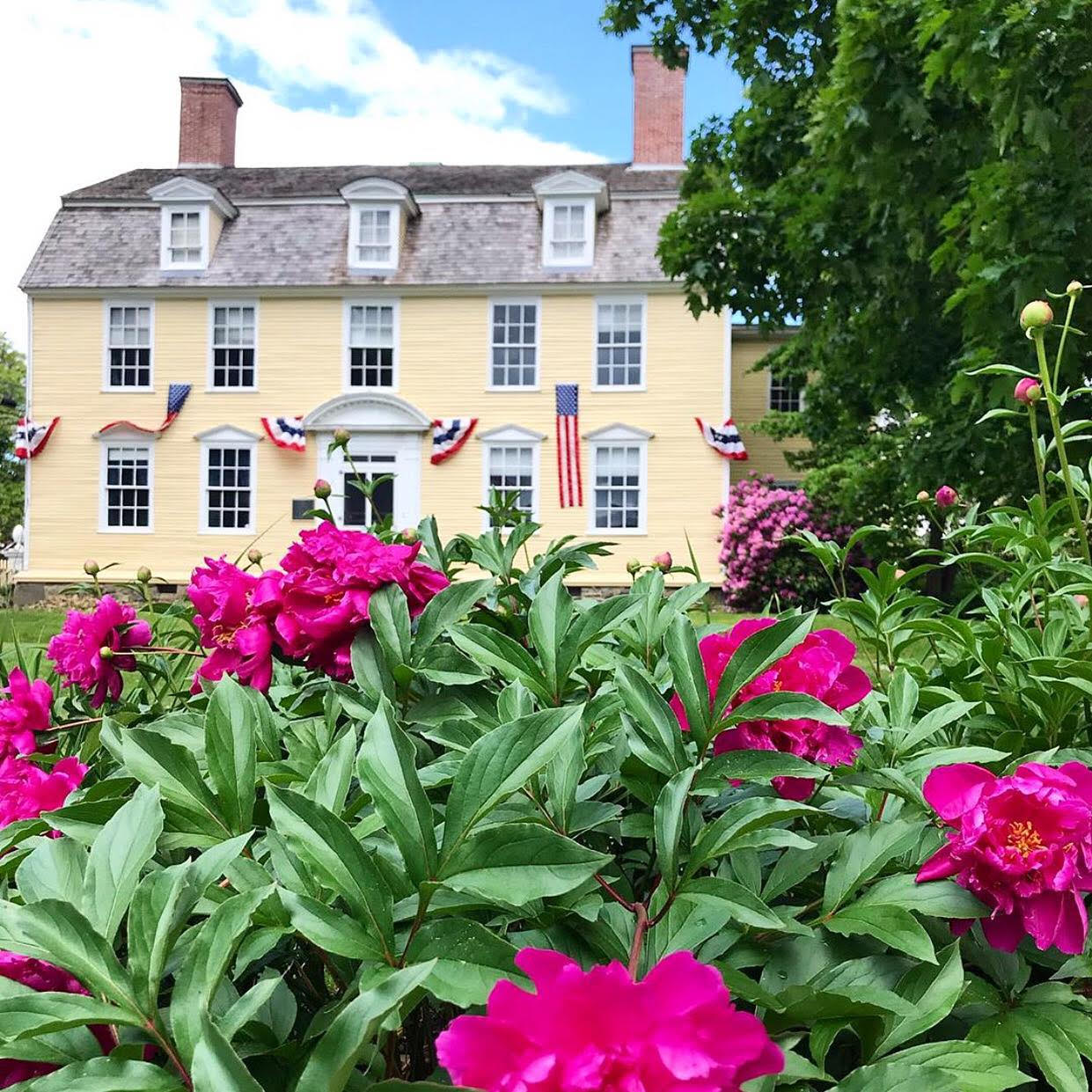 Image of a large yellow Georgian House on a green grass lawn with vibrant pink azalea flowers growing in the forefront