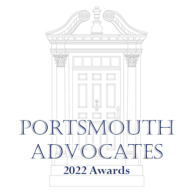 Outline of a Historic door with a transom window above, two columns flanking, and an ornate pediment caping the door. Writing says Portsmouth Advocated 2022 Awards.