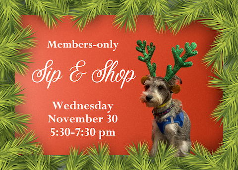 Dog dressed up in reindeer antlers in front of a solid red background with the text "Sip and Shop" written in white to the left.