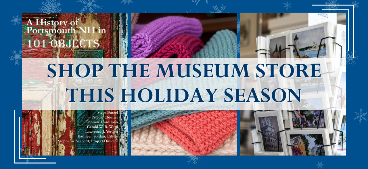 Shope the Museum Store this HOliday Season written on a blue background with subtle snowflakes. Three large images of products from the store displayed below of books, scarves, and museum postcards.