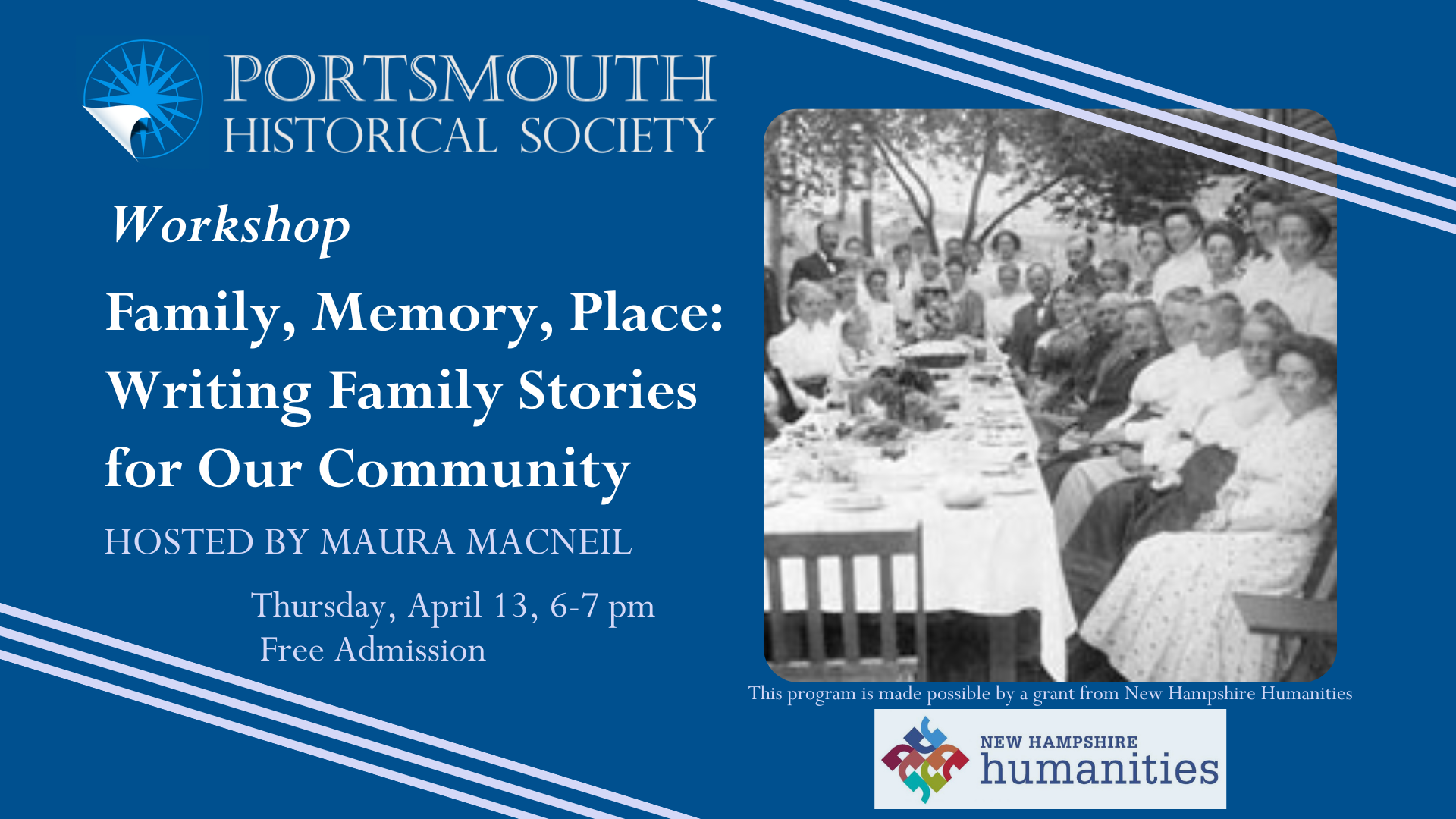 Workshop on 4/13 at 7pm Family, Memory, Place: Writing Family Stories for Our Community.