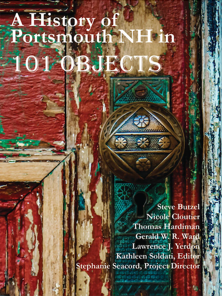 Book Cover for "A History of Portsmouth in 101 Objects" featuring a close up of an ornate metal doorknob on a door with flaking red paint.
