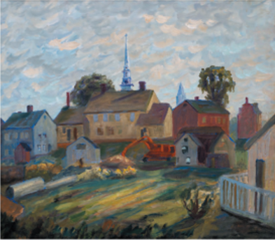 Oil painting of Old Houses Near Vaughan St. Portsmouth, NH by Daniel Atwater.