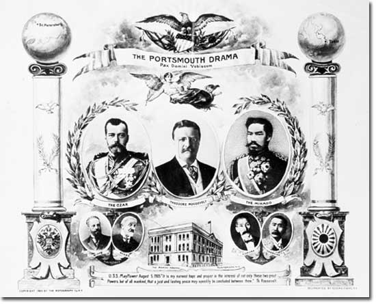 Postcard from the Portsmouth Peace Treaty with major figures involved depicted.