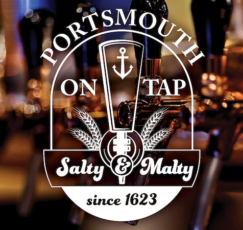 Portsmouth on Tap. Burgundy background with a faded image of beer taps. A brewery series inspired by Portsmouth history.