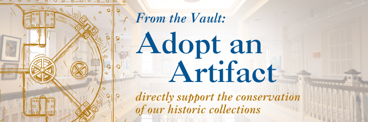 Golden Vault outline to the left set over a transparent image of the gallery space with wooden balustrade. Text reads: Adopt an Artifact,