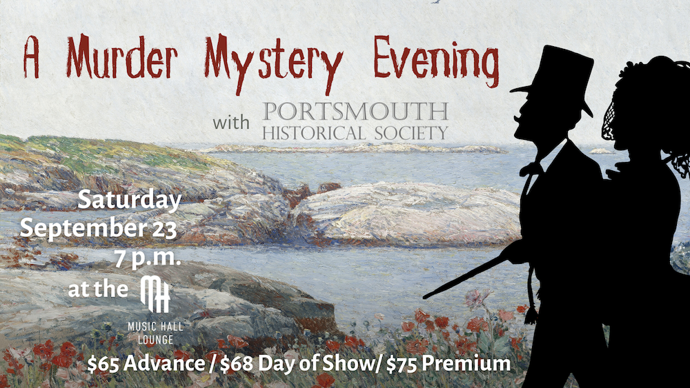 The Background is a painting of flowers along a rocky shoreline with a male and female figure silhouetted to the right of the frame. In deep red writing "Murder Mystery Evening" is written across the top of the image in sinister-looking lettering.