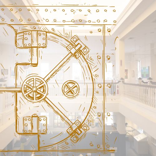 Golden Vault outline to the left set over a transparent image of the gallery space with wooden balustrade. 