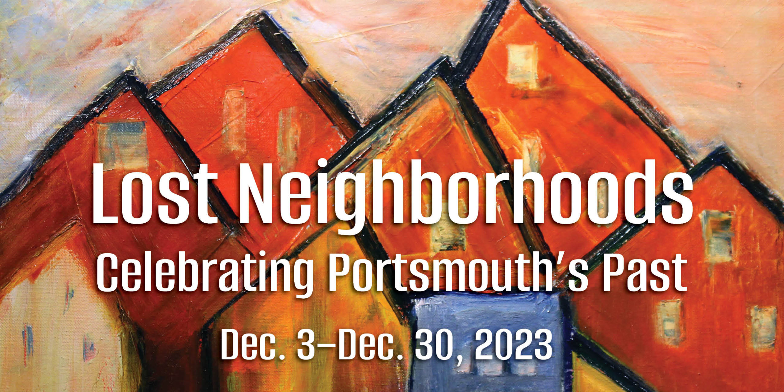 An oil painting featuring abstract houses in various shades of reds, yellows, and oranges on a light cream background.