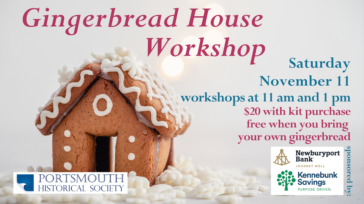 A simple gingerbread house sits on a white foreground. Text reads Gingerbread House Workshop, Saturday, November 11.