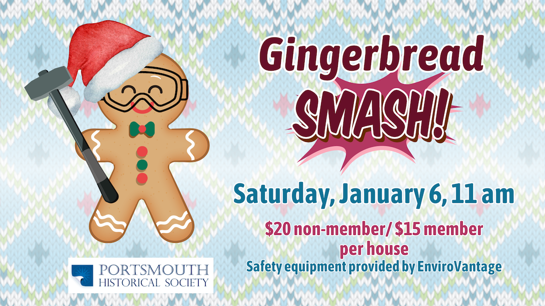 Gingerbread Smash event featuring the most adorable gingerbread man wearing safety goggles and holding a sledgehammer.