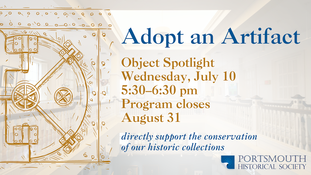 Golden Vault outline to the left set over a transparent image of the gallery space with wooden balustrade. Text reads: Object Spotlight Wednesday, July 10 5:30–6:30 pm Program closes August 31