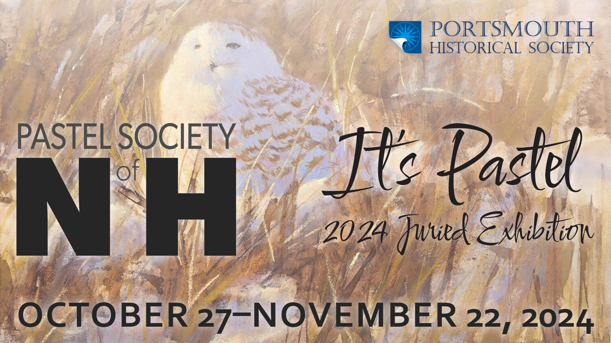 2024 It's Pastel! National Juried Show, October 27– November 22. Background image is a pastel artwork featuring a stunning white owl sitting in a golden field.