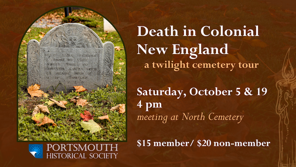 Gravestone from the 1700s with a few autumn leaves on the ground. North Cemetery Tours on Saturday, October 5 & 19, 4 pm.