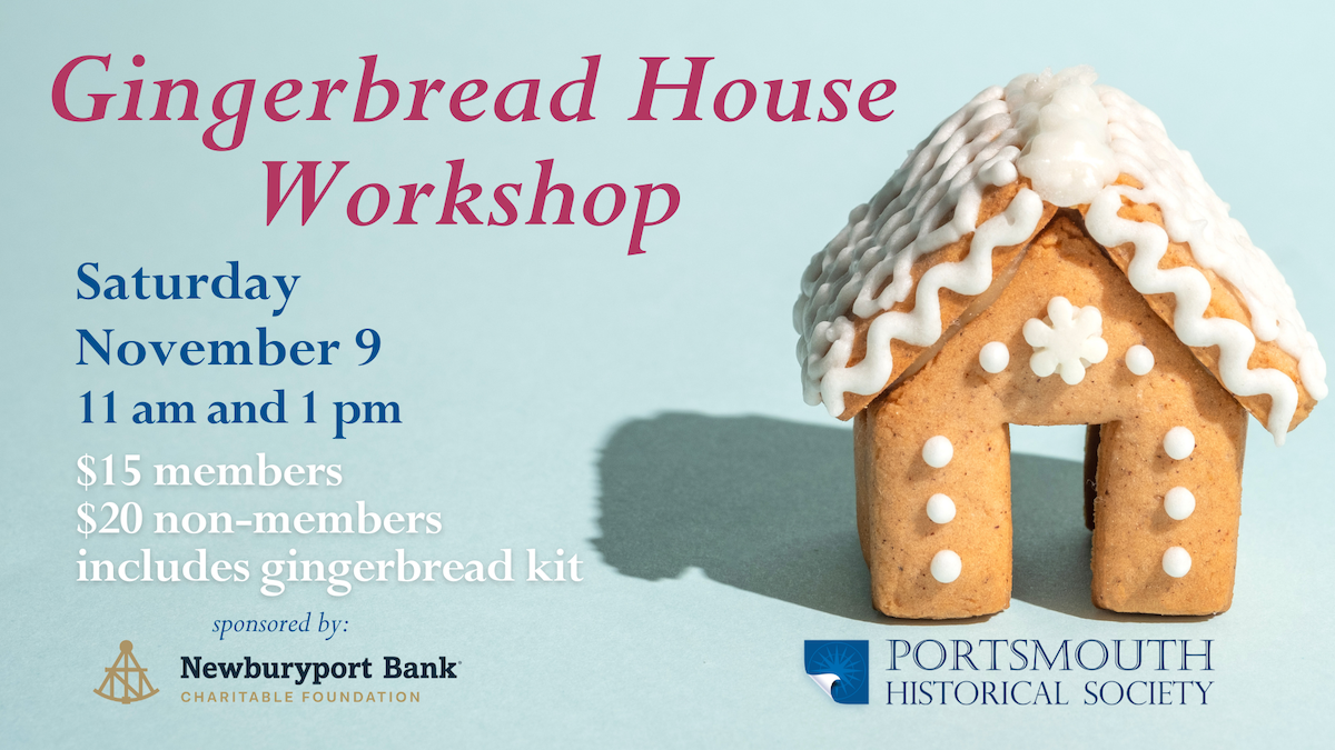 Gingerbread House Workshop on Saturday, November 9 at 11 am and 1 pm. Option to buy a gingerbread kit included. Image shows a cute, small gingerbread house on a blue background