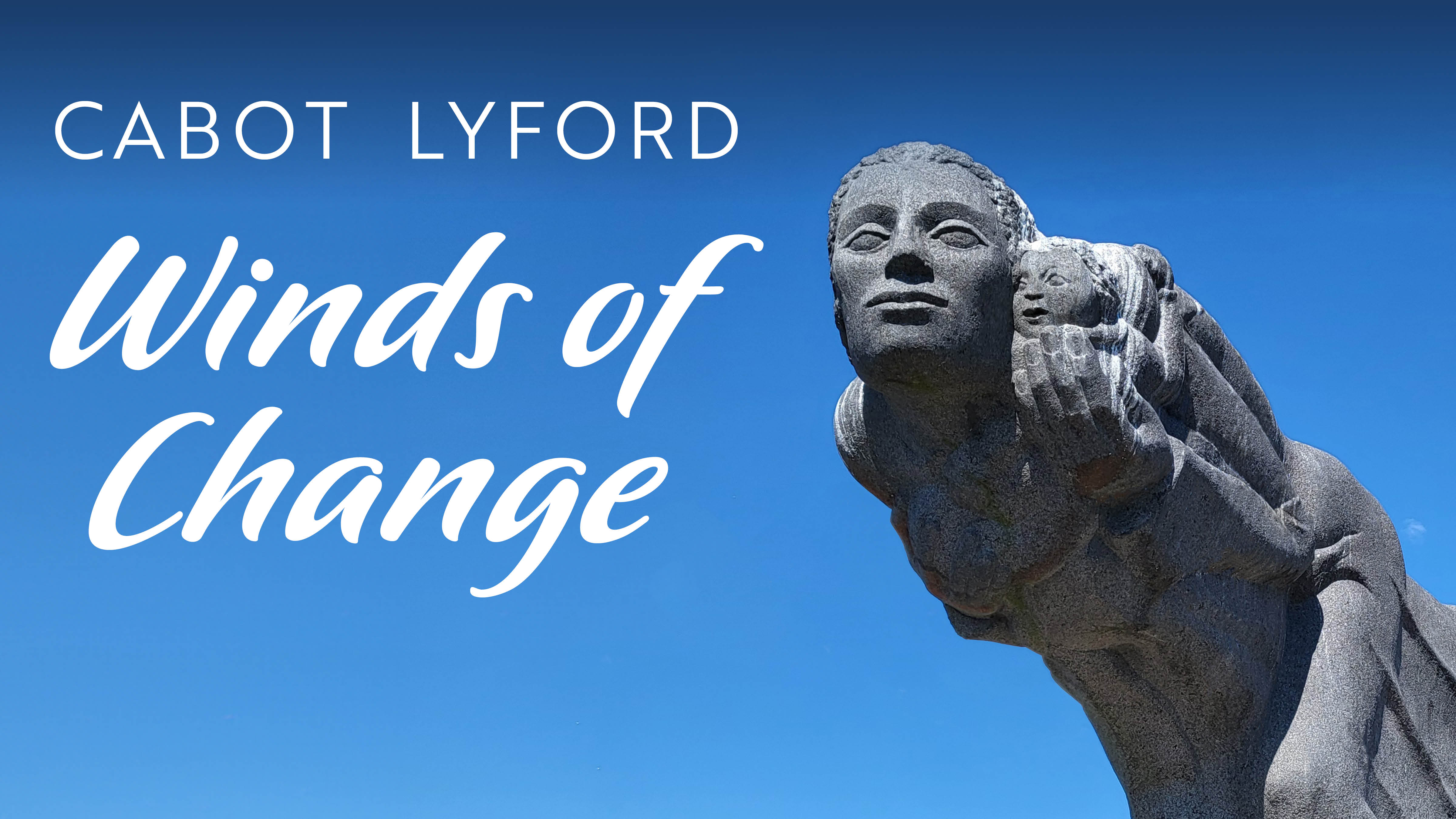 Exhibition Title "Reinventing Portsmouth" written in a large sanserif font ontop of a recolorized photograph from the 1970s of many young adults standing outside of a brick house painted a darker blue with a sign next to it reading "Matthew Marsh House"