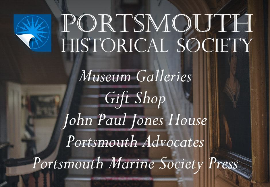 Portsmouth Historical Society list of branches ontop of an ornate staircase leading up with red carpeting.