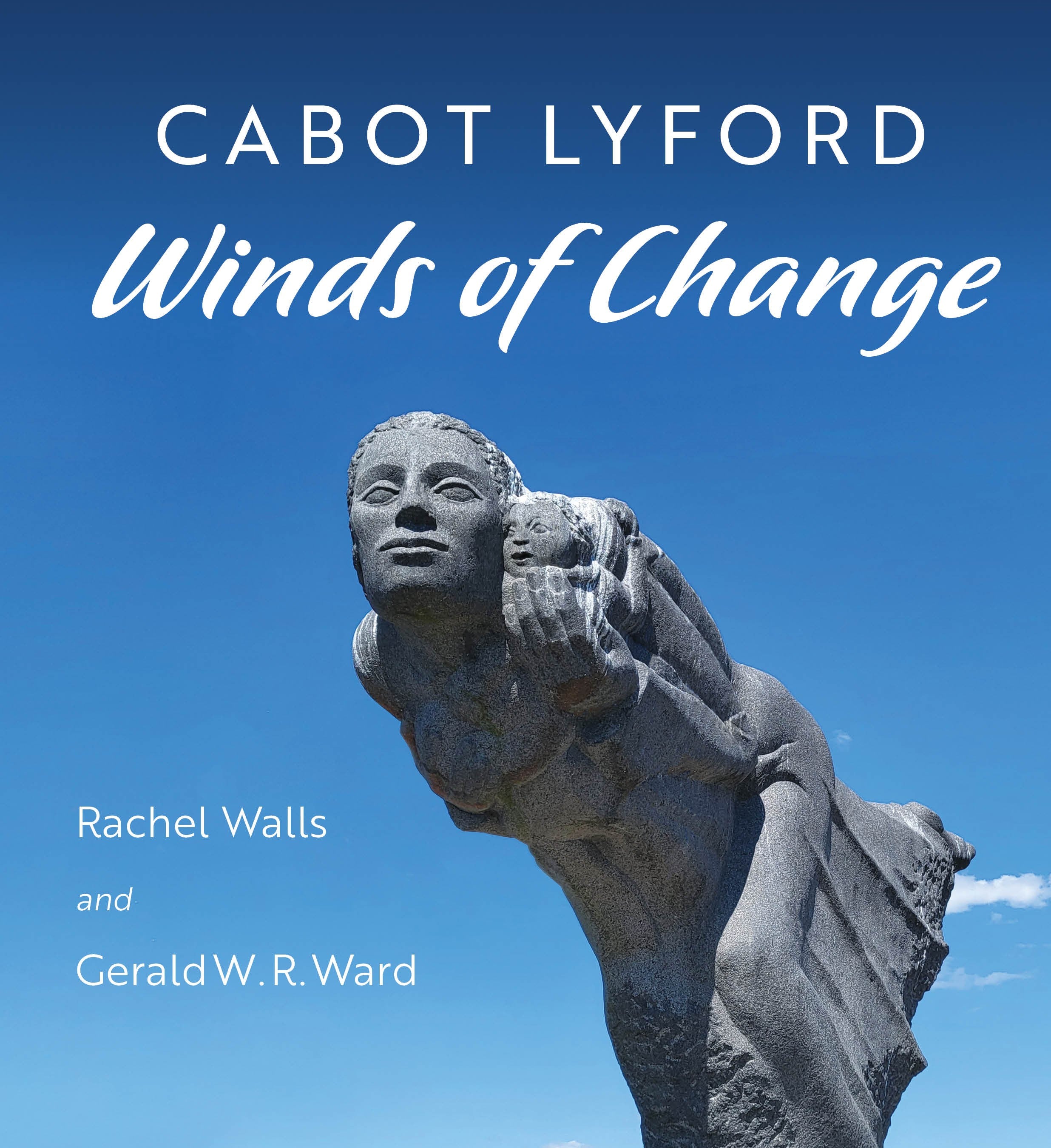 Stylized, granite statue of a woman leaning forward holding a child against a blue sky. Cabot Lyford Catalogue