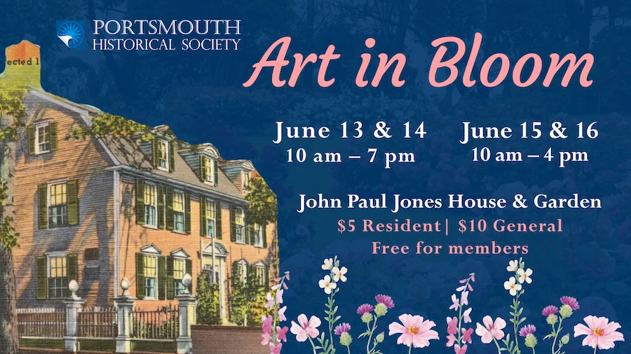 Art in Bloom Friday, June 12 through Monday, June 16 at the John Paul Jones House. Image of the ywlloe, two stroy John Paul Jones House (a georgian building) with pretty pink and white flowers.