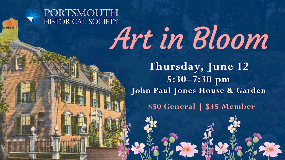 Art in Bloom Friday, June 12 through Monday, June 16 at the John Paul Jones House. Image of the ywlloe, two stroy John Paul Jones House (a georgian building) with pretty pink and white flowers.
