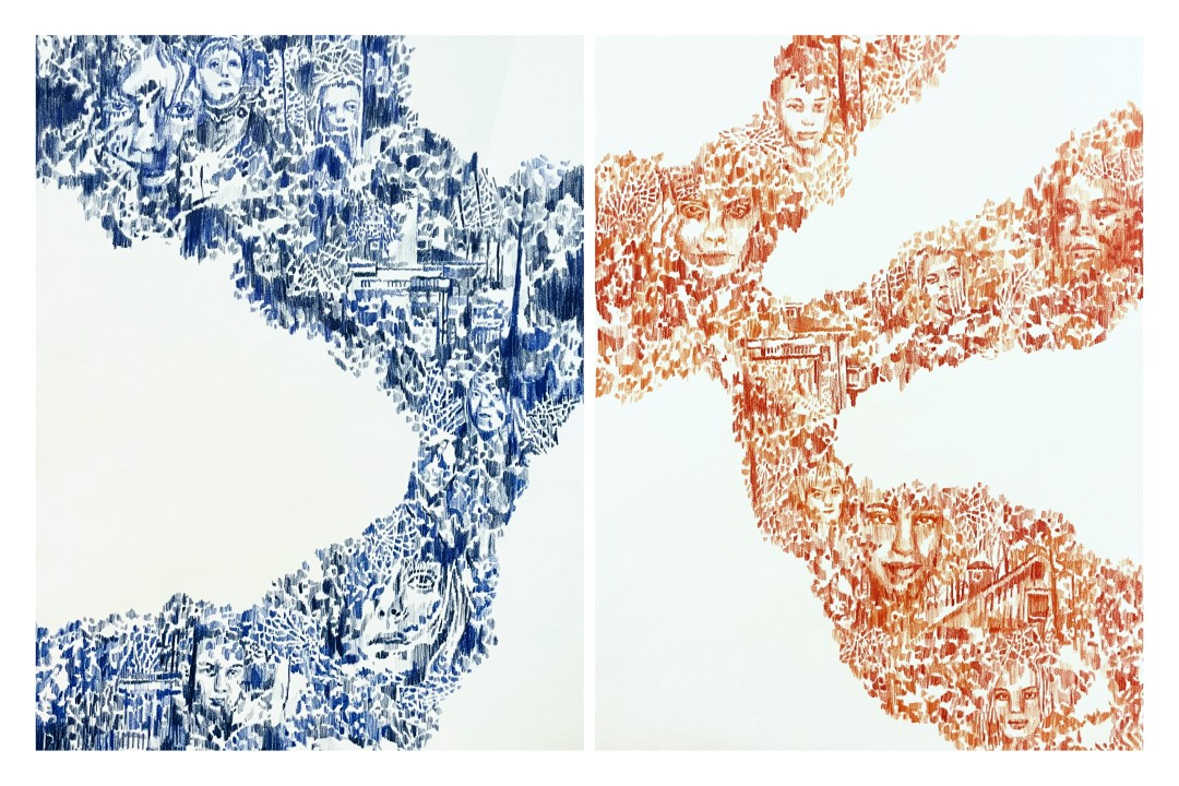 Memory of a Dream by Ember Nevins<br />
$3,600.00<br />
Drawing, colored pencil on paper, diptych. 30Hx40Wx1D. Pieces may be picked up at the Portsmouth Historical Society. If shipping is required, or for additional information, please contact the gallery.