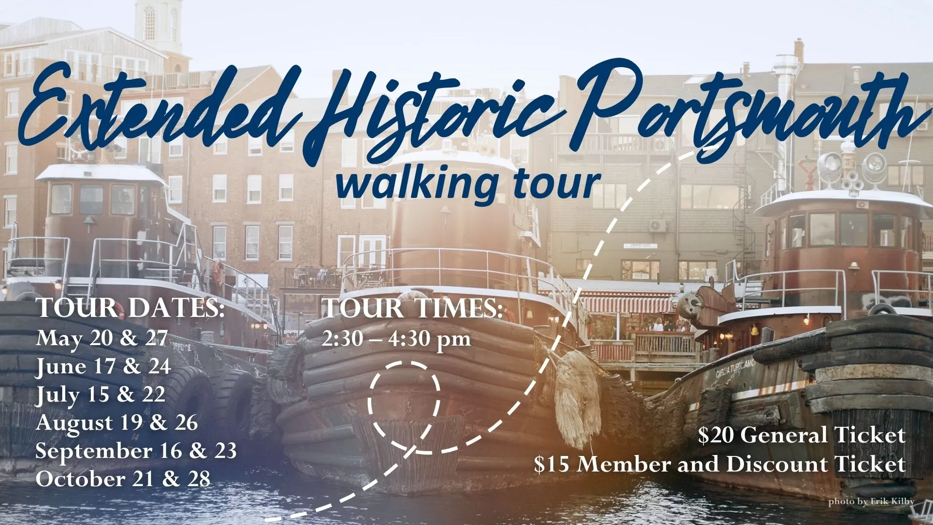 Extended Historic Portsmouth Walking Tour. Two hours, covering all the highlights of the regular tour and more. Taking place on: Tour Dates: May 20 & 27 June 17 & 24 July 15 & 22 August 19 & 26 September 16 & 23 October 21 & 28